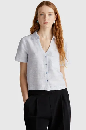 Benetton Camisa Às Riscas Em Mistura De Linho L Azul Força Aérea