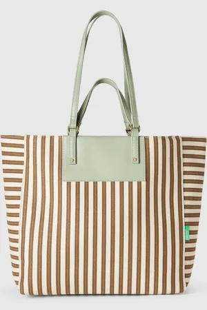 Benetton Tote Bag Às Riscas Verde E Bege Verde Claro