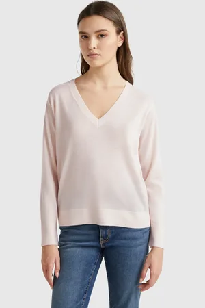 Benetton Camisola Com Decote Em V Em Pura Lã Merino L Rosa Claro