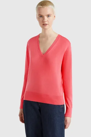 Benetton Camisola Decote Em V Em Mistura De Seda L Rosa