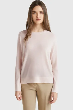 Benetton Camisola Em Pura Lã Merino L Rosa Claro