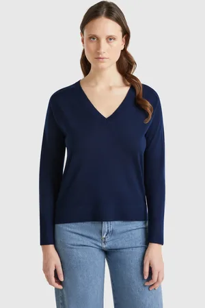 Benetton Camisola Com Decote Em V Em Pura Lã Merino L Azul-escuro