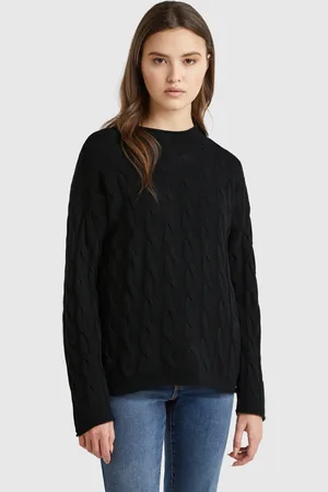 Benetton Camisola Com Tranças Em Mistura De Caxemira L Preto