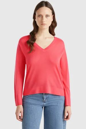Benetton Camisola Com Decote Em V Em Pura Lã Merino L Fúcsia