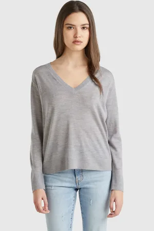 Benetton Camisola Com Decote Em V Em Pura Lã Merino L Cinza-claro