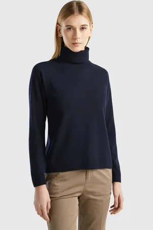 Benetton Camisola De Gola Alta Azul Meia-noite Em Mistura De Lã E Caxemira. L Azul-escuro