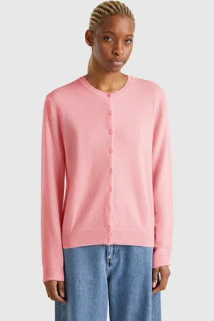 Benetton Cardigã De Gola Alta Rosa Pó Em Pura Lã Merino L Rosa Claro