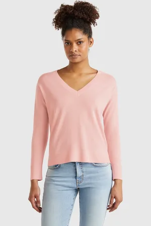 Benetton Camisola Com Decote Em V Em Pura Lã Merino L Rosa
