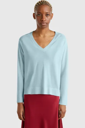 Benetton Camisola Com Decote Em V Em Pura Lã Merino L Verde Água