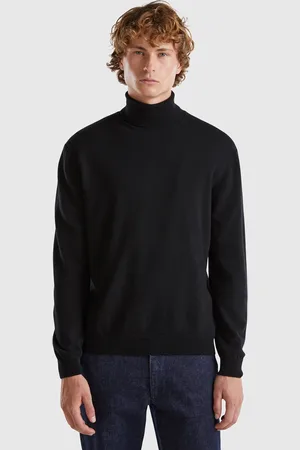Benetton Camisola De Gola Alta Preta Em Pura Lã Merino XXL Preto