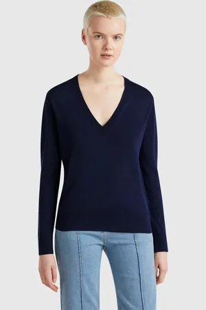 Benetton Camisola Decote Em V Em Mistura De Seda L Azul-escuro