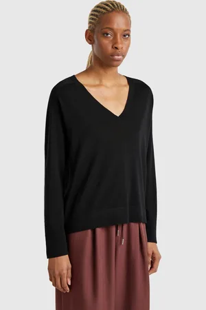 Benetton Camisola Com Decote Em V Em Pura Lã Merino L Preto