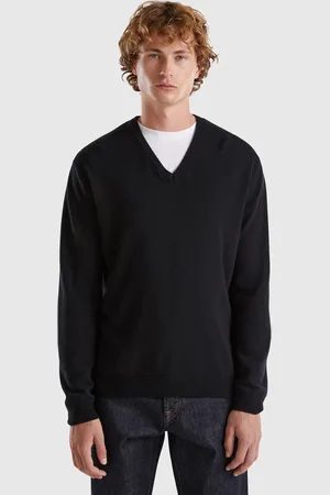 Benetton Camisola Decote Em V Preta Em Pura Lã Merino L Preto