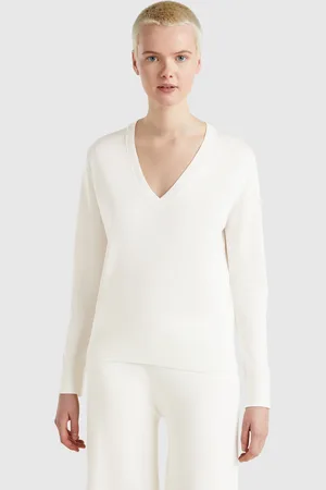 Benetton Camisola Decote Em V Em Mistura De Seda L Branco Nata