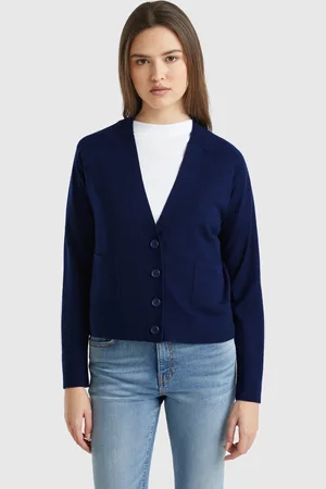 Benetton Cardigã Em Pura Lã Merino L Azul-escuro