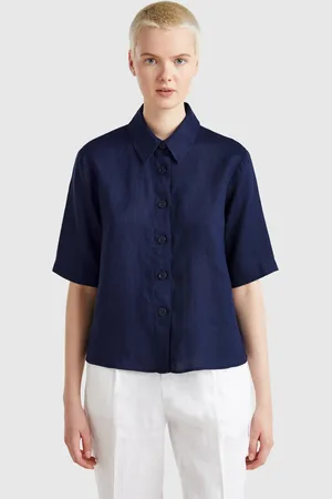 Benetton Camisa Curta Em Puro Linho L Azul-escuro