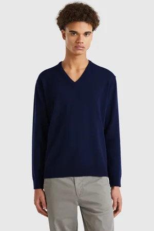 Benetton Camisola Decote Em V Azul Meia-noite Em Pura Lã Merino XXL Azul-escuro
