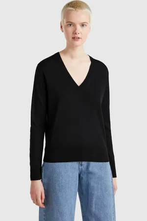 Benetton Camisola Decote Em V Em Mistura De Seda L Preto