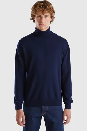 Benetton Camisola De Gola Alta Azul Meia-noite Em Pura Lã Merino XXL Azul-escuro