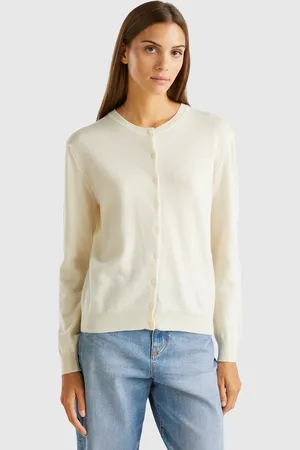 Benetton Cardigã De Gola Alta Nata Em Pura Lã Merino L Branco Nata