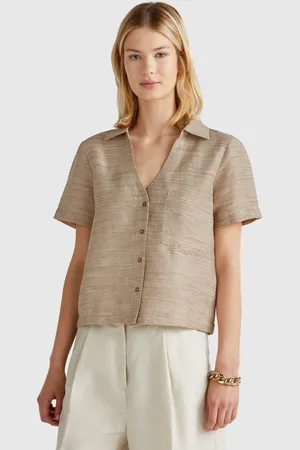 Benetton Camisa Às Riscas Em Mistura De Linho L Marrom