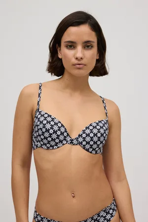 YSABEL MORA Top de biquíni clássico com argola floral preto e branco