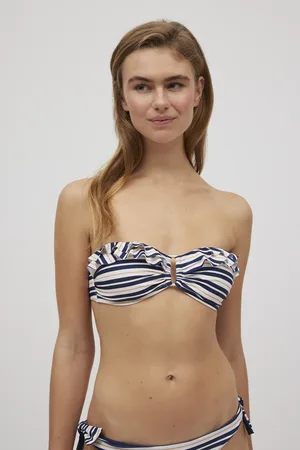 YSABEL MORA Top de biquíni bandeau com babados listrado azul marinho copa C