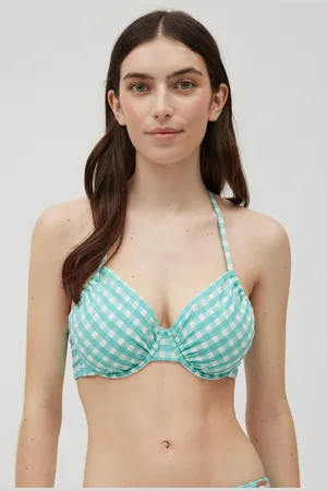 YSABEL MORA Top de biquíni redutor de guingão com copa C com textura azul celeste