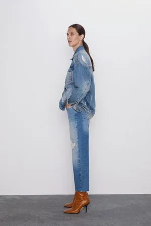Zara Senhora Retos - Jeans z1975 high rise straight cropped com rasgões